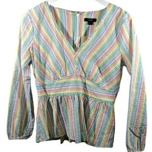 J.CREW Rainbow Striped Seersucker Peplum V-Neck Blouse, Size 4